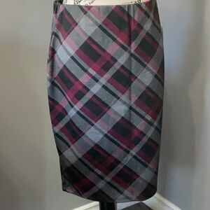 Burgundy, Grey and Black Plaid Knee-Length Pencil Skirt